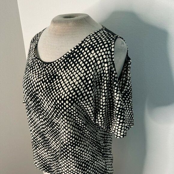 Peaches & Cream Cold Shoulder Top Shirt Blouse Black Cream S Small - Picture 4 of 5